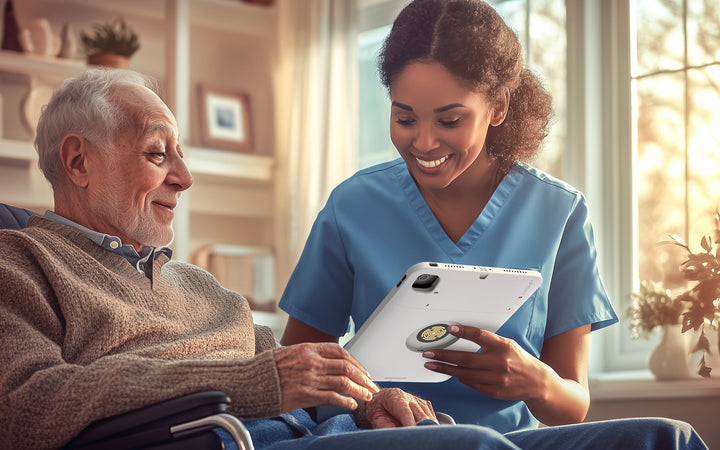 Caregiver accessing patient records on iPad with IPORT CONNECT PRO Case