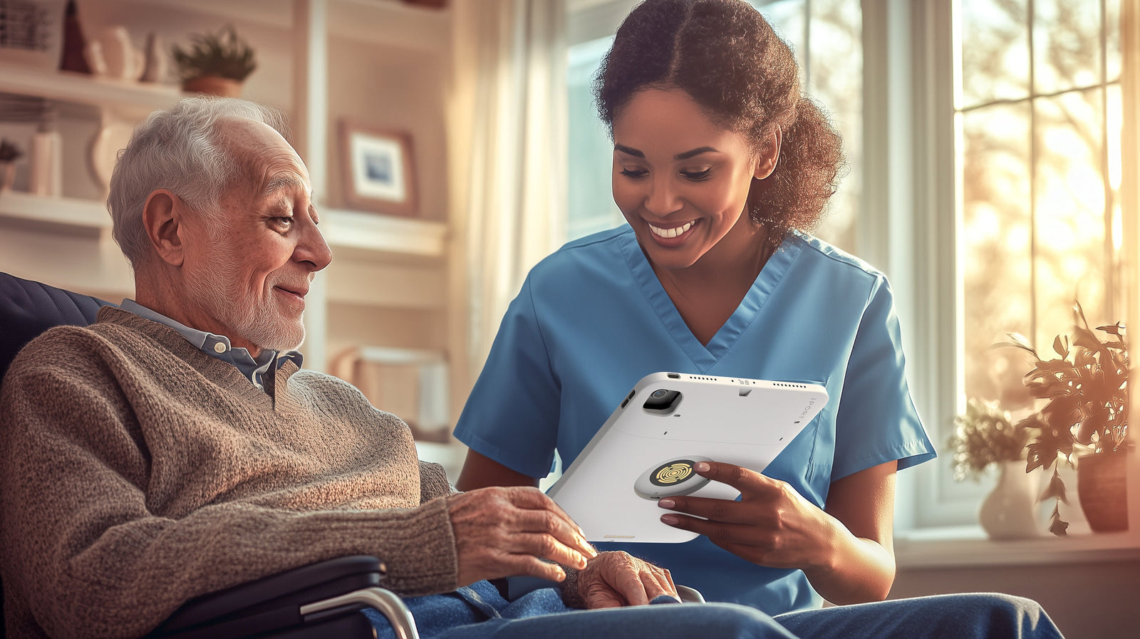 Caregiver accessing patient records on iPad with IPORT CONNECT PRO Case