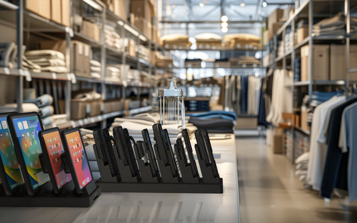 Multiple iPads charging in IPORT MultiDock — enterprise device fleet management