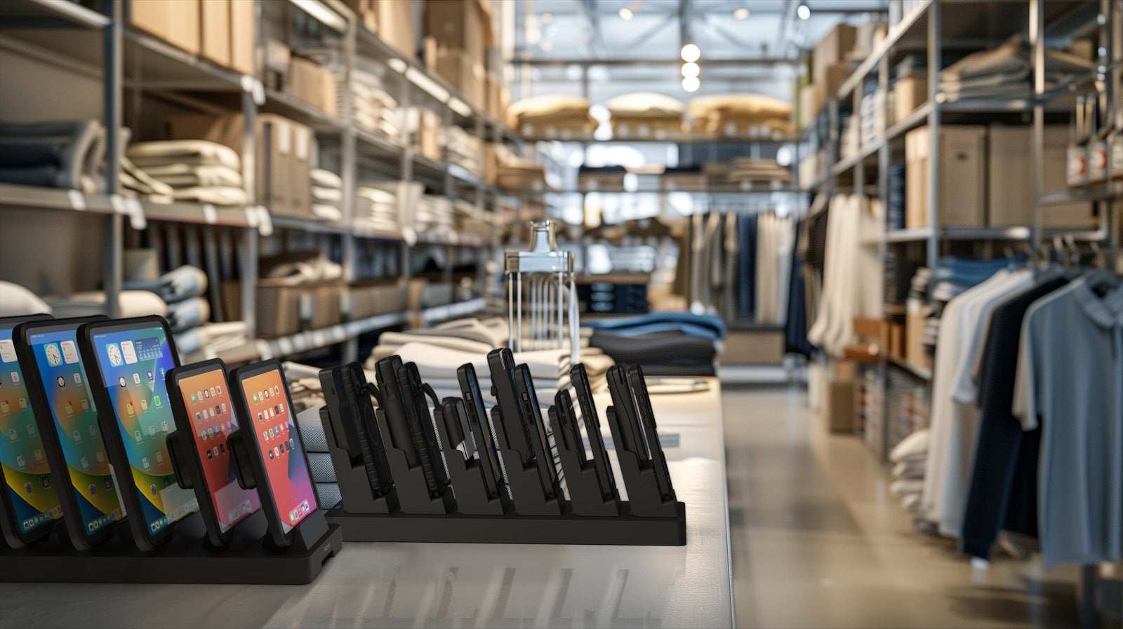 Multiple iPads charging in IPORT MultiDock — enterprise device fleet management