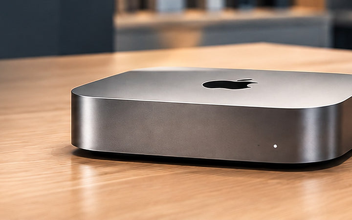 Mac mini on a wooden retail counter with product shelves behind it